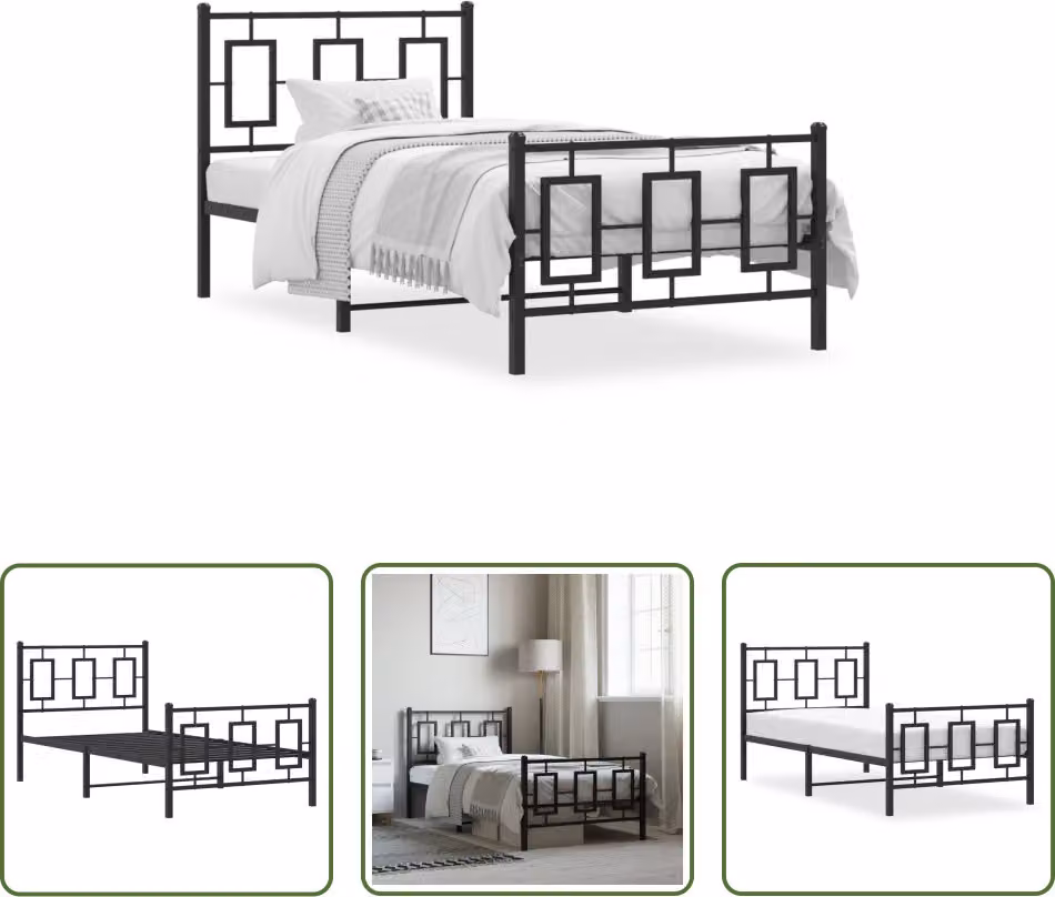 The Living Store Struttura letto con testiera e pediera in metallo nero 90x200 cm