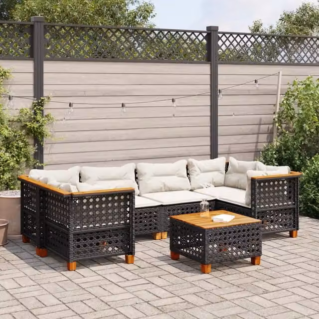 vidaXL Set Divani da Giardino a L con Cuscini 7pz Nero Polyrattan e Legno di Acacia