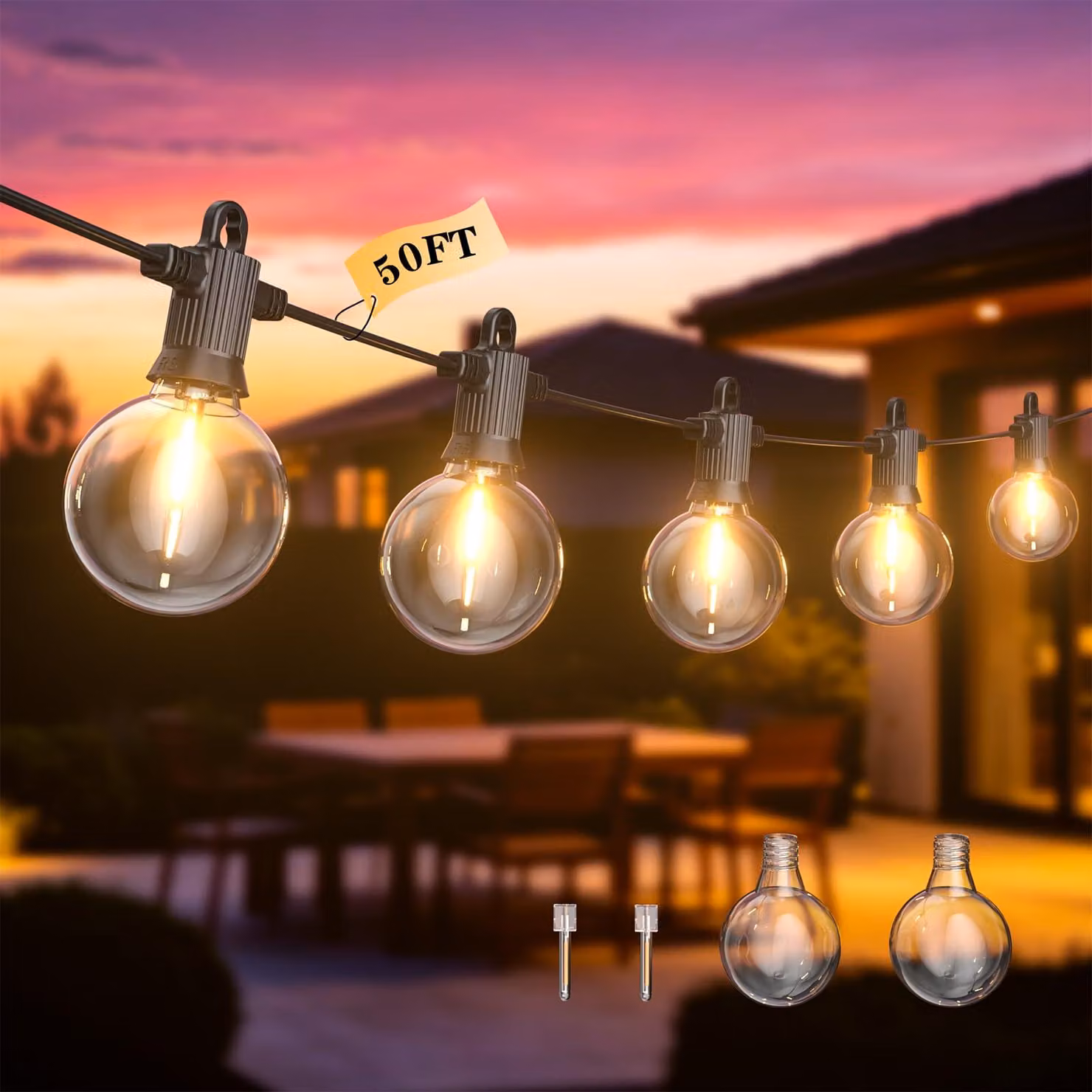 Catena luminosa a LED, 15 metri, grado di protezione IP65, 25+2 lampadine G50, luce bianca calda, per uso esterno