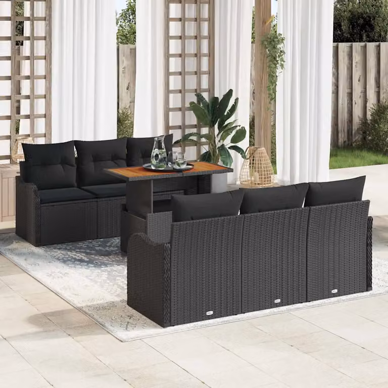 Set Divano da Giardino vidaXL 7 Pezzi in Polyrattan Nero con Cuscini e Contenitore per Archiviazione