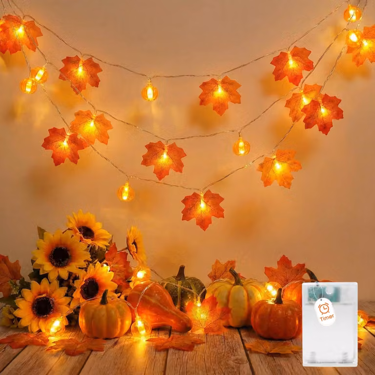 Catena luminosa autunnale, 3 metri, 20 LED, con foglie di acero e zucche