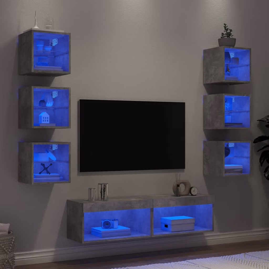 Mobile TV da parete vidaXL con 8 LED in legno multistrato e MDF, colore grigio cemento, L: 60 cm, P: 30 cm, H: 30 cm