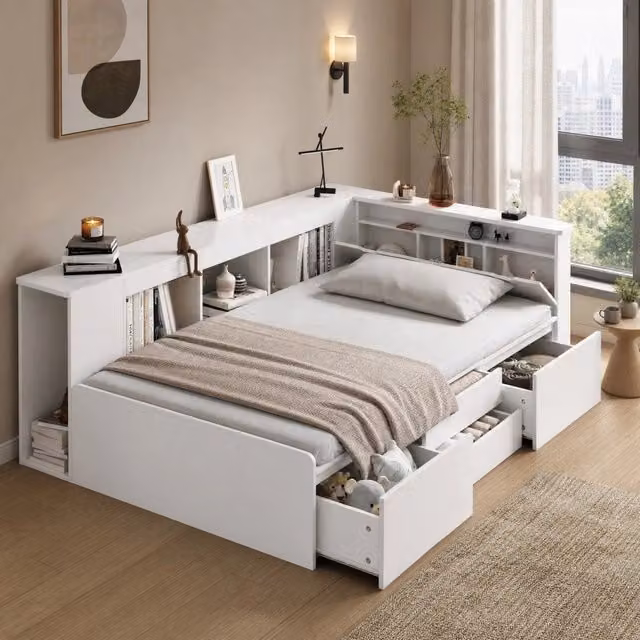 Letto singolo Mivray bianco con 4 cassetti e librerie laterali in MDF, L/P/H: 90 x 200 cm
