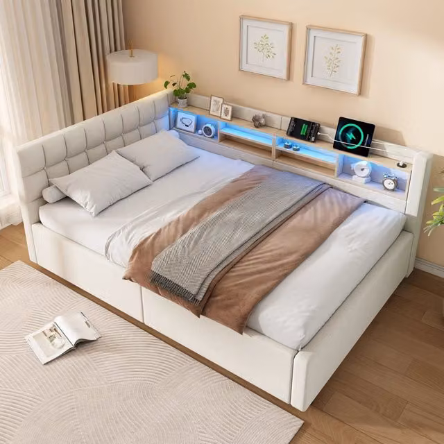 Letto singolo 90x200 cm contenitore con sollevamento idraulico e mensole; lino e MDF grigio