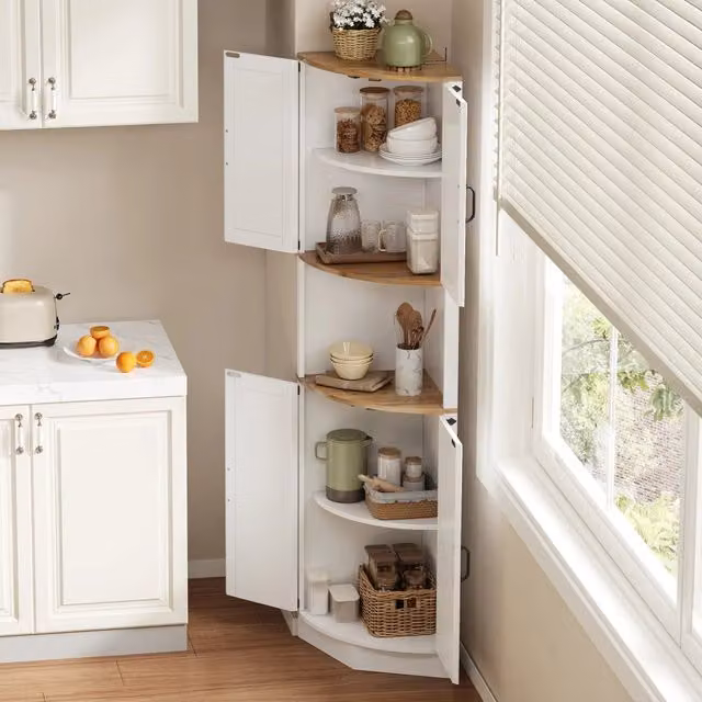 Mobile angolare OKWISH in MDF bianco per cucina e soggiorno con 2 ante, 1 vano aperto e 4 ripiani, stile rustico, L/P/H: 39,5 x 39,5 x 180 cm