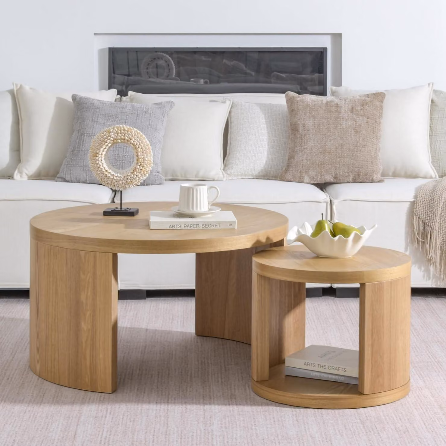 Set di tavolini da caffè rotondi, 2 pezzi, diametro 80/46 cm, aspetto legno naturale