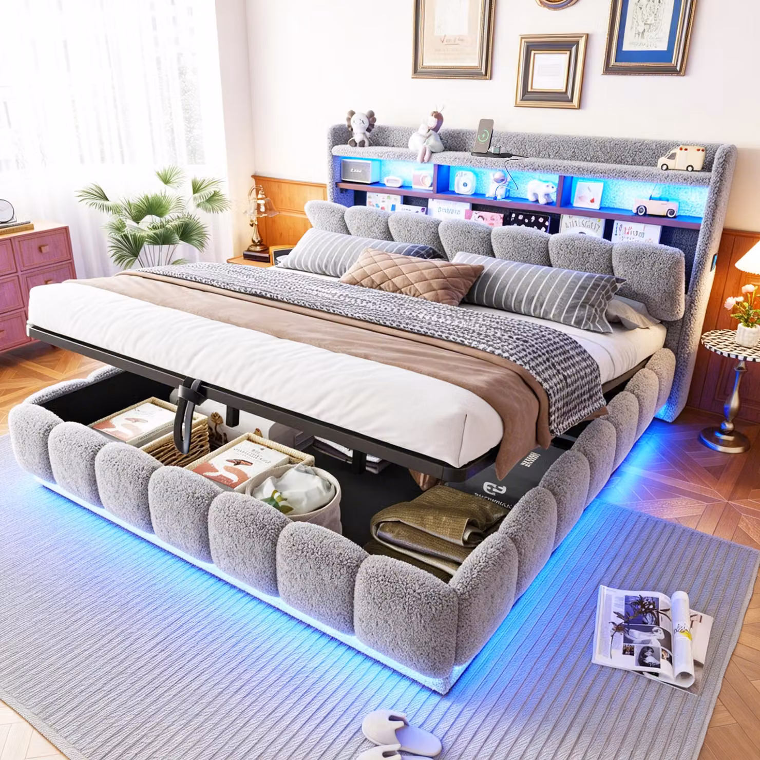 Letto imbottito Merax 180x200 cm con spazio contenitore a sollevamento idraulico, letto matrimoniale con striscia LED e porta USB, letto per adulti in velluto con rete a doghe in metallo, colore grigio