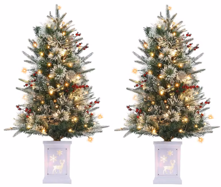 Set di 2 pezzi: Albero di Natale artificiale innevato, altezza 90 cm (3.0 piedi), con fusto denso simile a un abete/pino, illuminato con luci LED e con punte di aghi innevate. Montaggio a cerniera, supporto in metallo