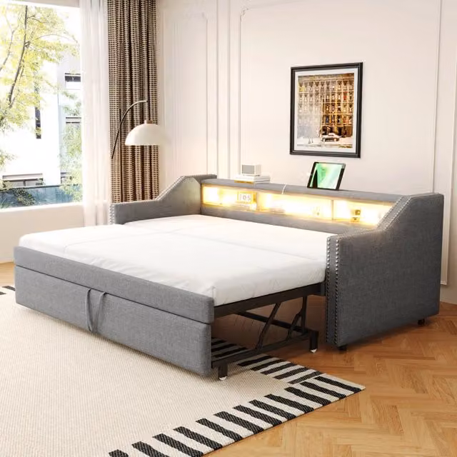 Letto divano estraibile OKWISH grigio chiaro con illuminazione LED, porta USB e 3 ripiani laterali, dimensioni: 90 x 190 cm