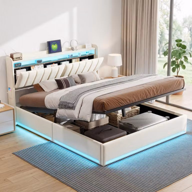 Letto imbottito INONEFT, modello boxspring, 140x190 cm, con illuminazione LED e caricabatterie USB, letto per ragazzi o matrimoniale, con rete a doghe e spazio contenitore a sollevamento idraulico, rivestito in velluto, colore beige