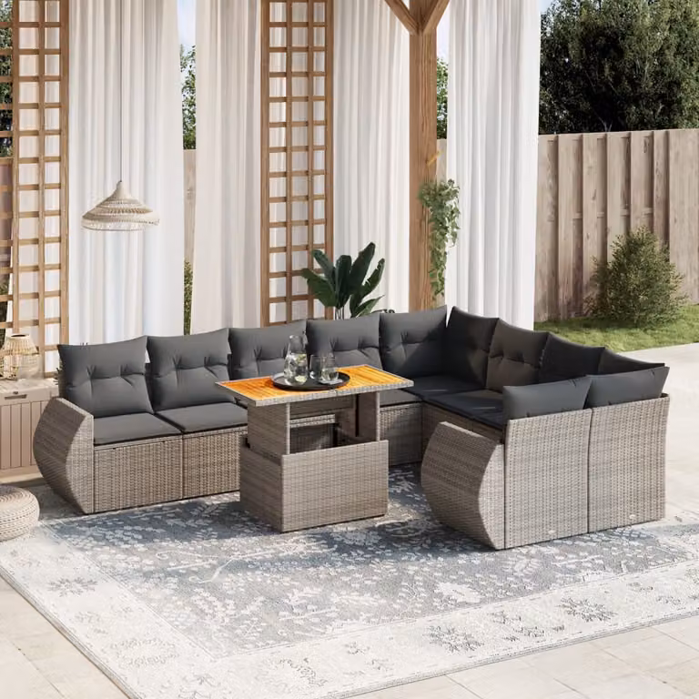vidaXL Set Divano da Giardino a L in Polyrattan Grigio con 10 Pezzi e Cuscini Imbottiti