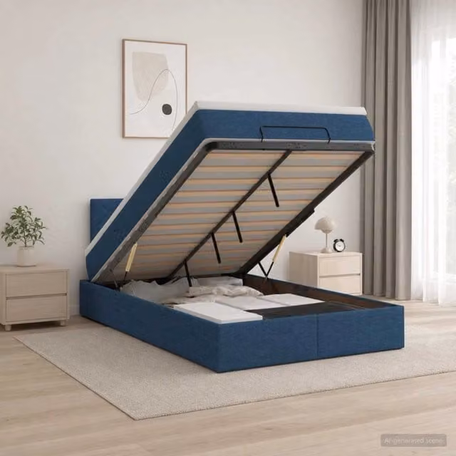 Letto ottomano moderno vidaXL in tessuto blu con contenitore a sollevamento L/P/H: 120 x 200 x 88 cm