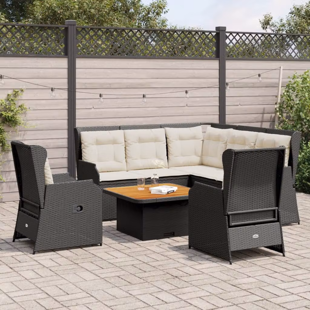 Set di divani da giardino vidaXL a forma di L composto da 5 pezzi con cuscini, colore nero e bianco, in rattan con struttura in metallo e cuscini rimovibili resistenti ai raggi UV