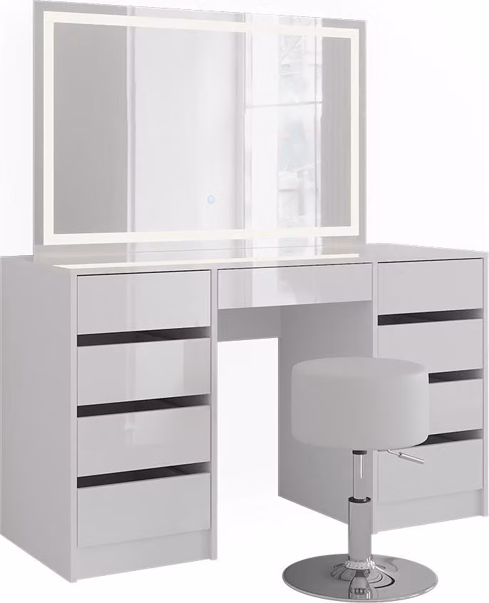 Tavolo da toeletta Vicco Sherry Bianco/Bianco lucido 128.2 cm con specchio LED e sgabello, Model 57636