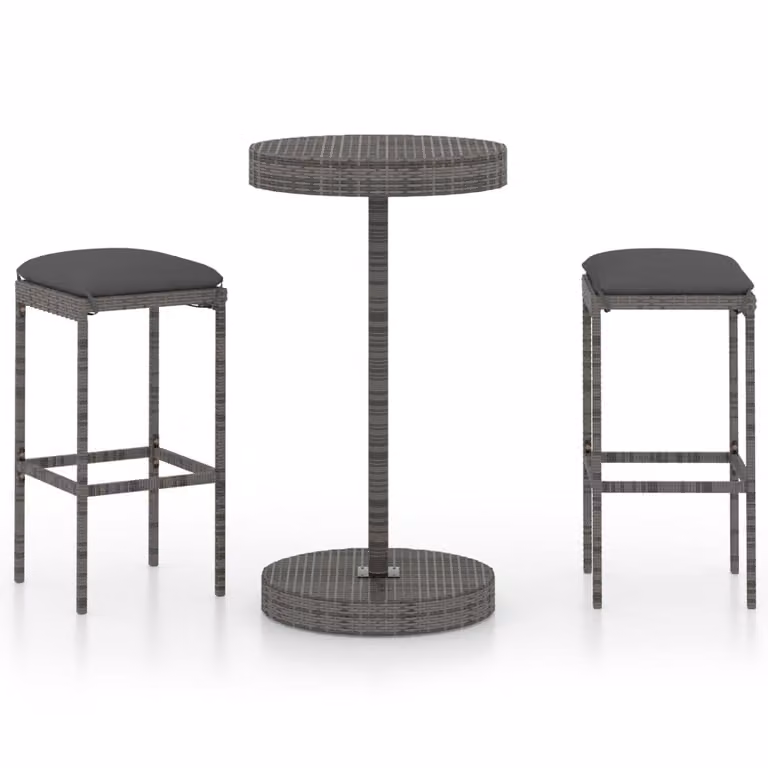 Set Bar da Giardino 3 pz con Cuscini in Polyrattan Grigio