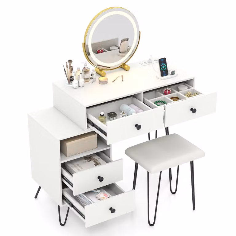 Set da toilette COSTWAY con sgabello, tavolino per cosmetici con illuminazione, presa di corrente, specchio girevole, 4 cassetti e vano a giorno 98x40x120cm