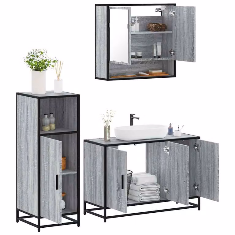Set di mobili da bagno industrial vidaXL in 3 pezzi grigio con legno, metallo e vetro, L/P/H: 90 x 33 x 60 cm
