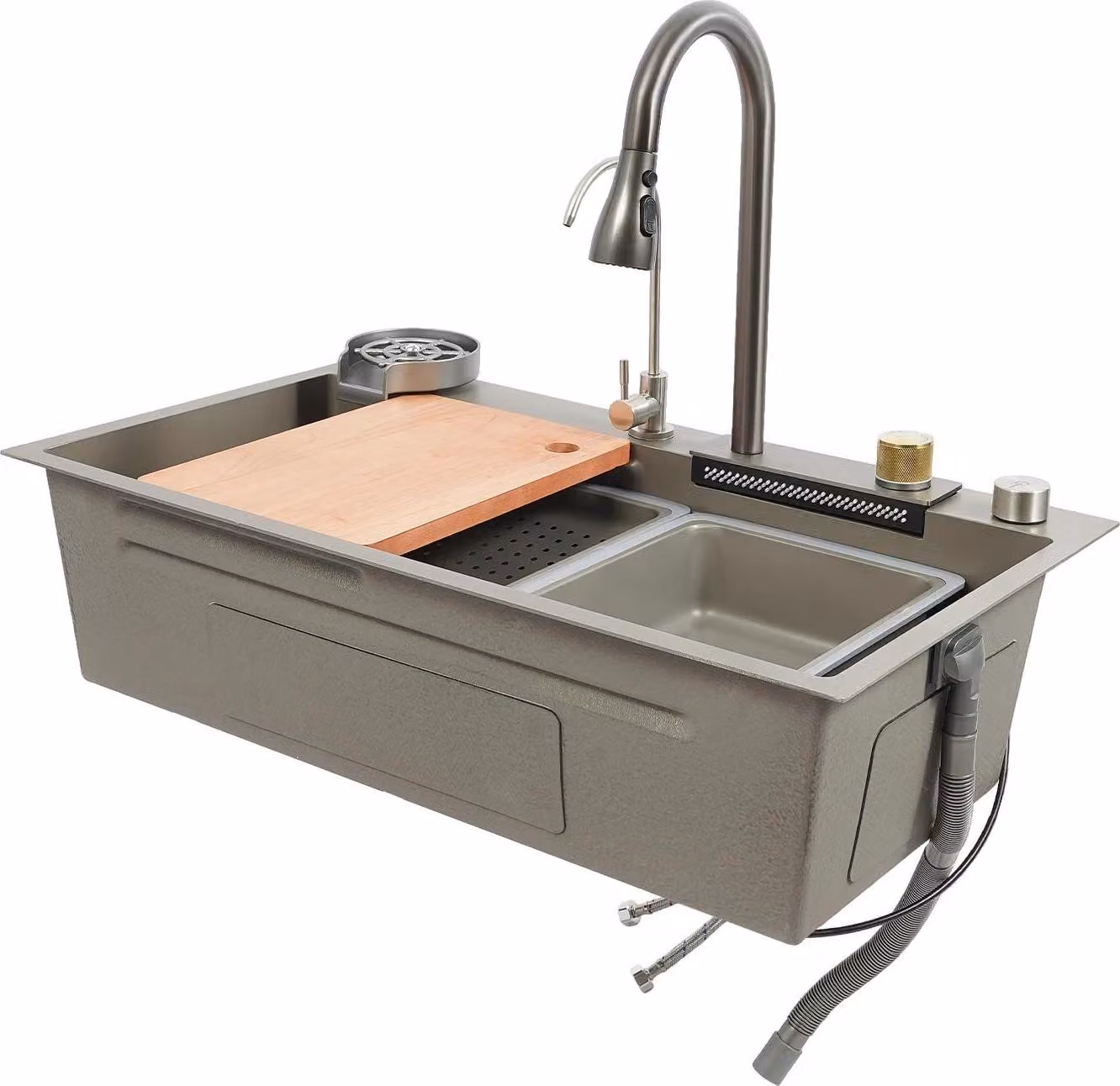 Lavello da cucina - Doppia vasca - Acciaio inox - Con rubinetto - Due fori - Rettangolare - 80×45 cm - Grigio scuro