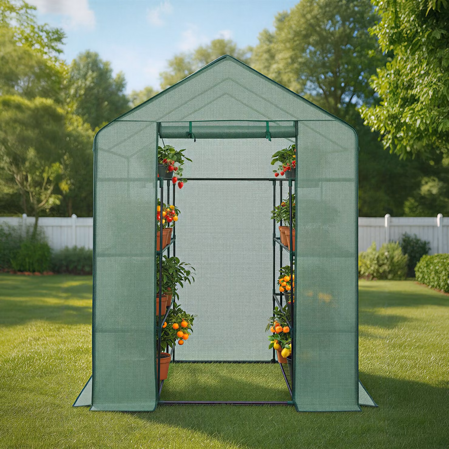 Serra TecTake GmbH verde con scaffalature e struttura in acciaio e PVC L/P/H: 143 x 143 x 195 cm – 2