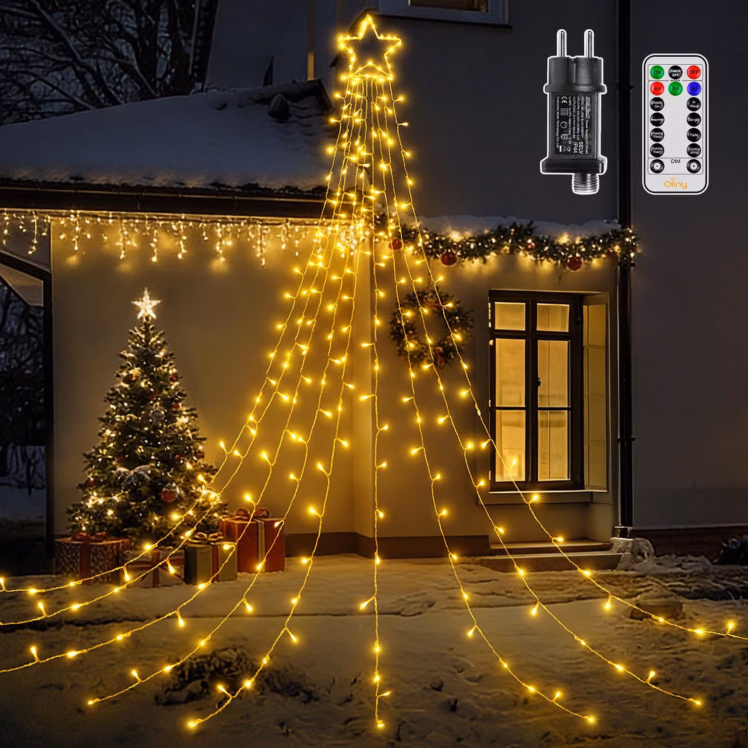 Catena luminosa a LED con stelle, 9x3,5 metri, 352 LED, luce bianco caldo