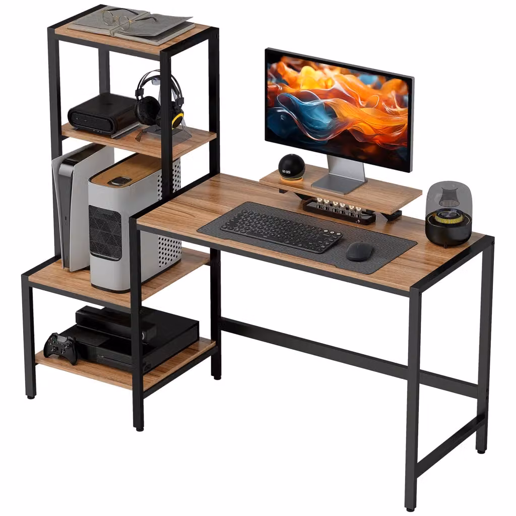 Scrivania Minimal con scaffale a 4 ripiani e supporto monitor, stile industrial, colore marrone, L 90 cm x P 50 cm x H 125 cm – 2