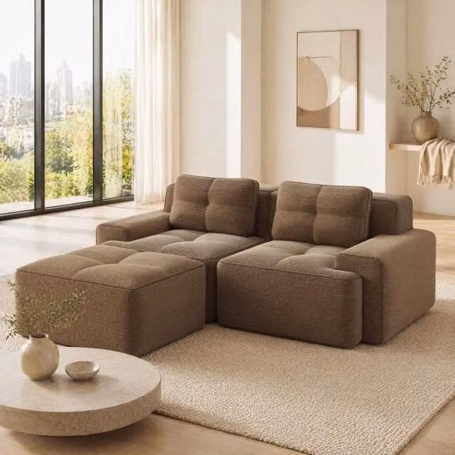 Divano modulare a L Mivray in velluto a coste marrone con seduta profonda e design moderno