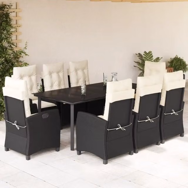 Set da pranzo da giardino vidaXL in polyrattan nero con cuscini e tavolo in vetro per 9 persone