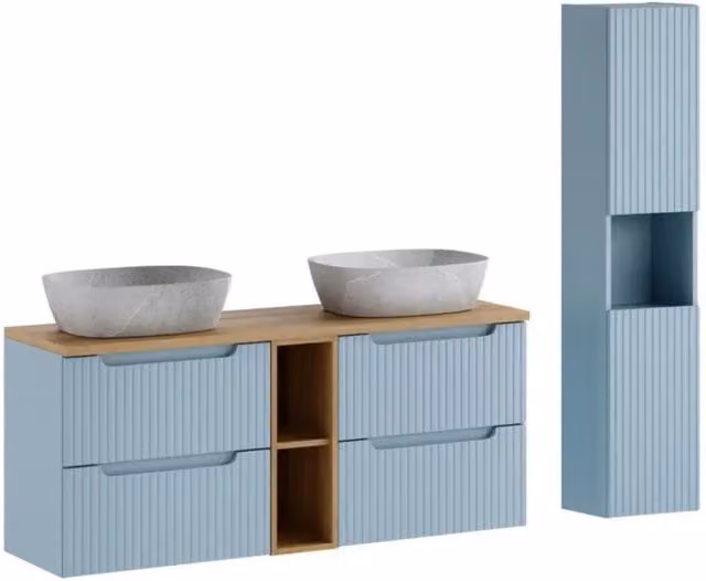 Set mobile bagno Meublorama VANO blu denim e quercia chiara con lavabi grigi, mobile sottolavabo con cassetti e nicchie e colonna, L: 140 cm, P: 40 cm, H: 170 cm
