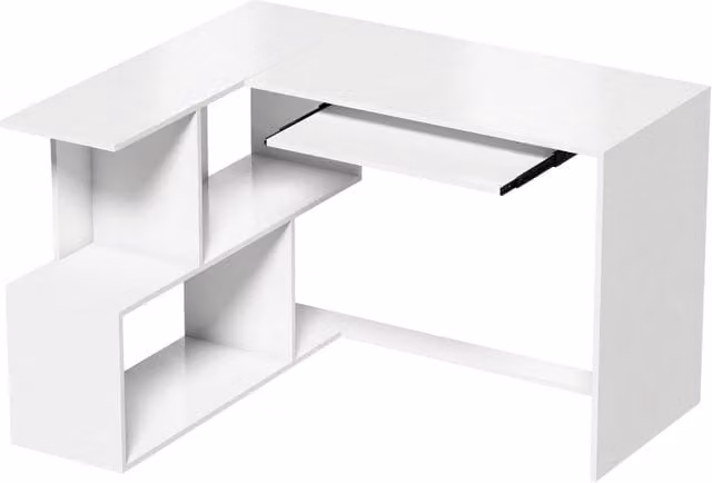 Scrivania ad angolo, tavolo per computer con cassetto tastiera e ripiani aperti, effetto legno bianco