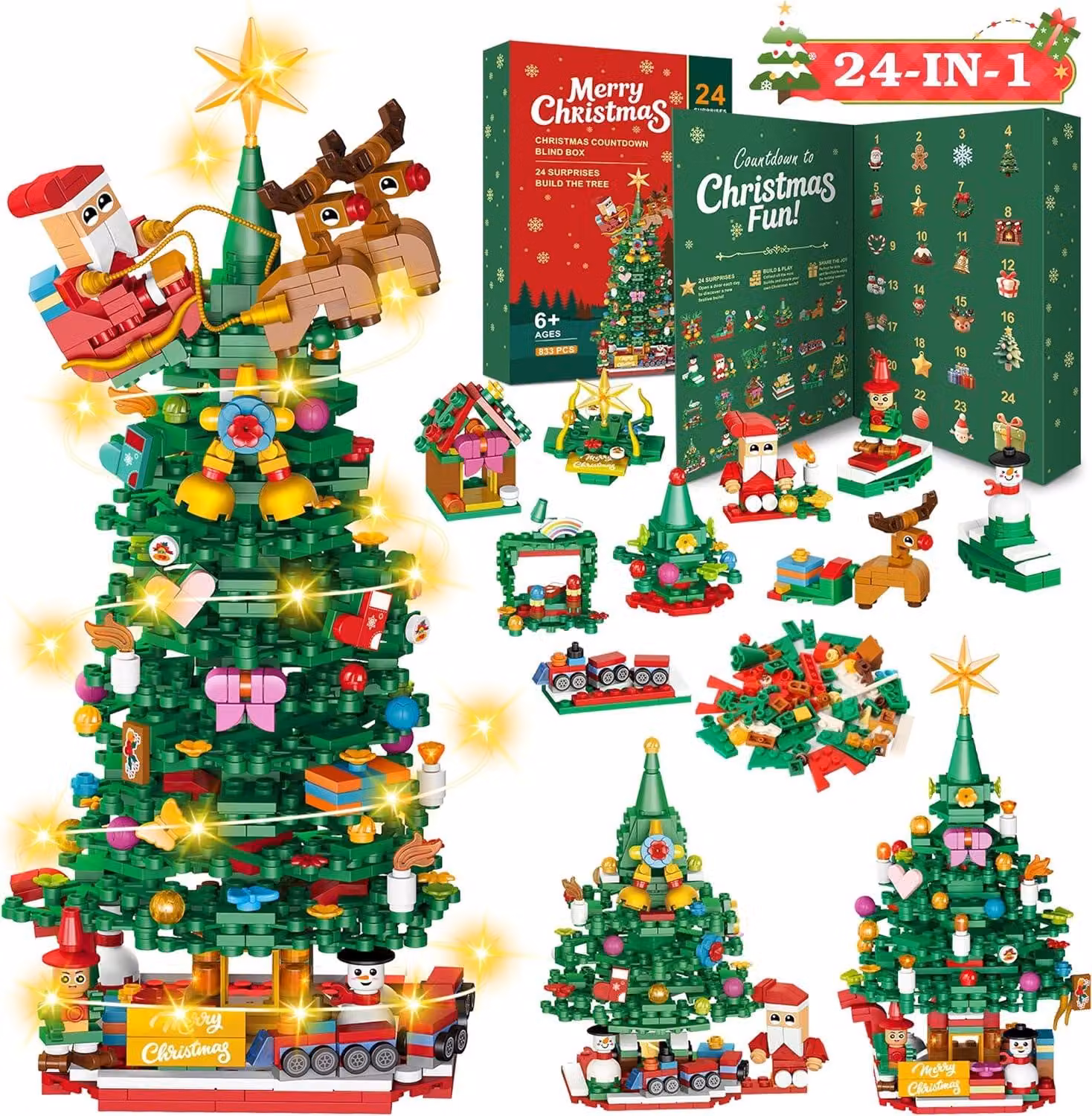 Calendario dell'Avvento 2026, albero di Natale a LED, giocattoli da costruzione