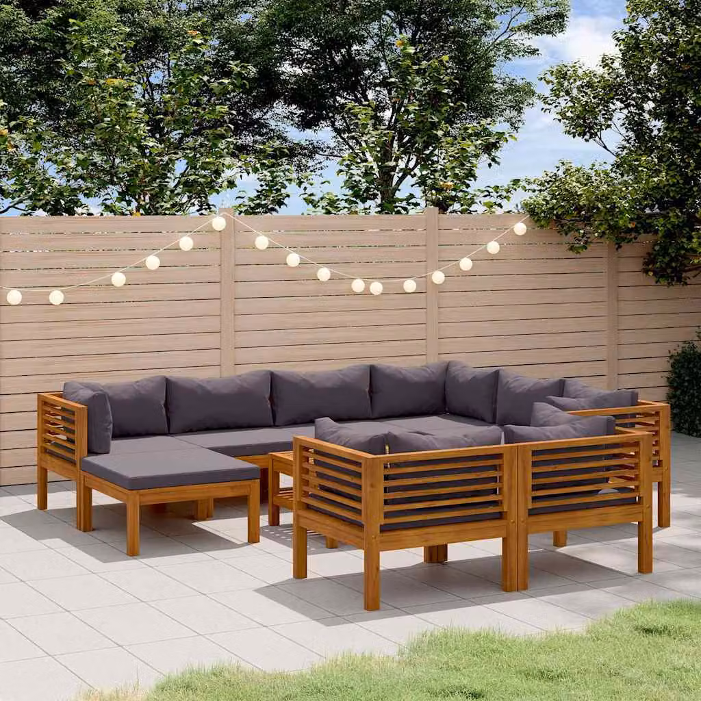 Set di divani da giardino vidaXL in legno massello di acacia con cuscini grigi, forma a U, 10 pezzi