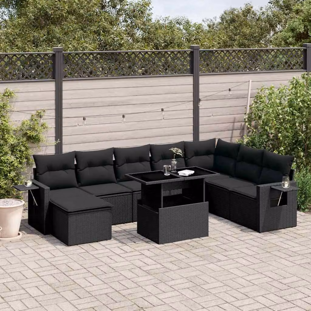 Set Divani da Giardino a L vidaXL in Polyrattan Nero con Cuscini e Tavolino da Esterno – 1
