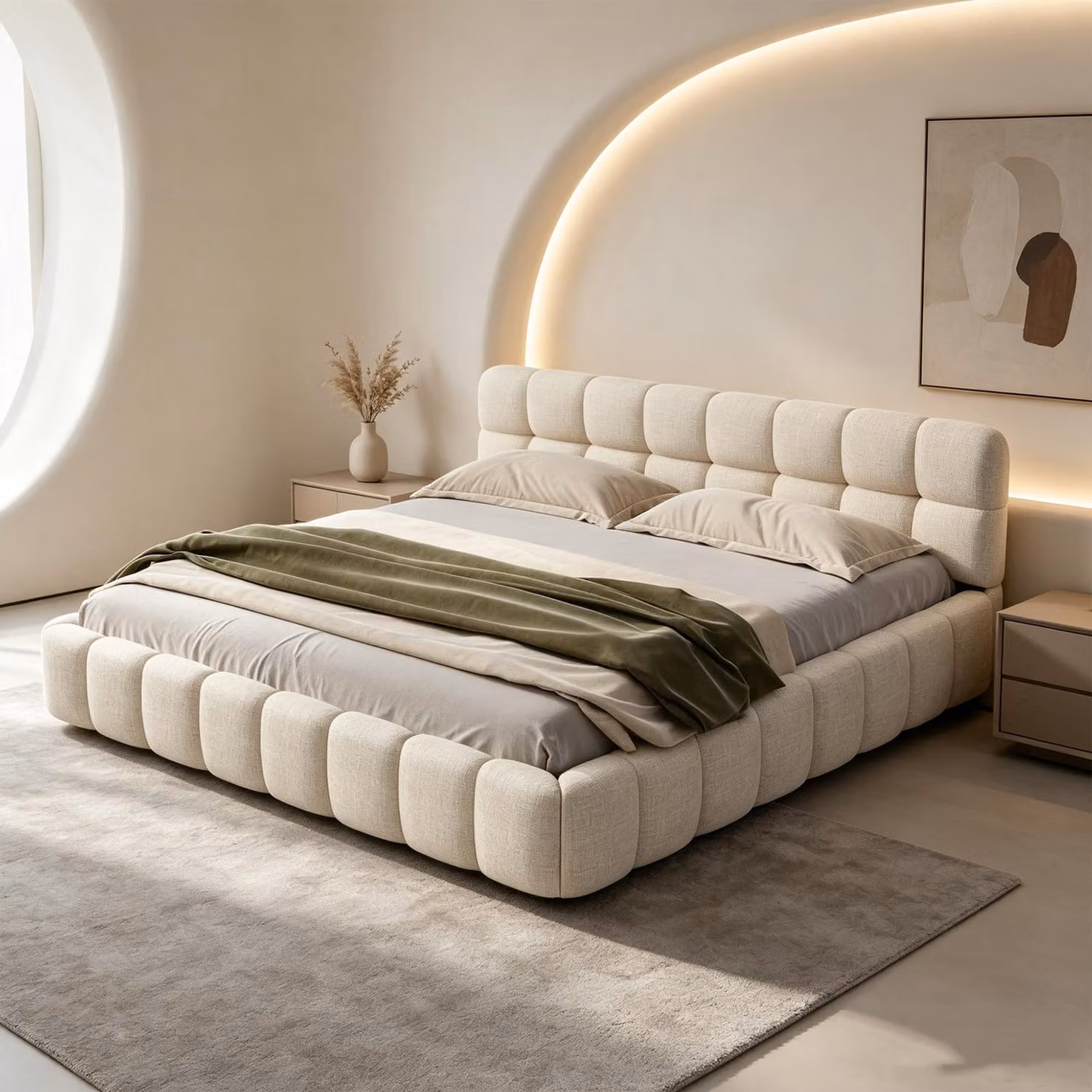 INONEFT Bubble Bett, struttura letto imbottita 140x200 cm, letto matrimoniale con testiera imbottita, letto per ragazzi con rete a doghe e schienale, design basso, colore: lino, beige