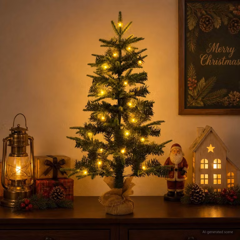 Albero di Natale in miniatura, 45 cm, 25 luci a LED, luce bianca calda, realizzato in PVC e PE, colore verde