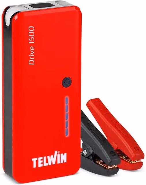 Avviatore portatile e caricabatterie Telwin Drive 1500 12V con 2 luci LED e porte USB, Rosso – 1
