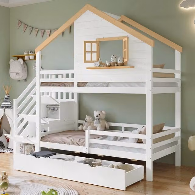Letto a castello 90x200 cm con scala con cassetti in legno e MDF bianco e naturale