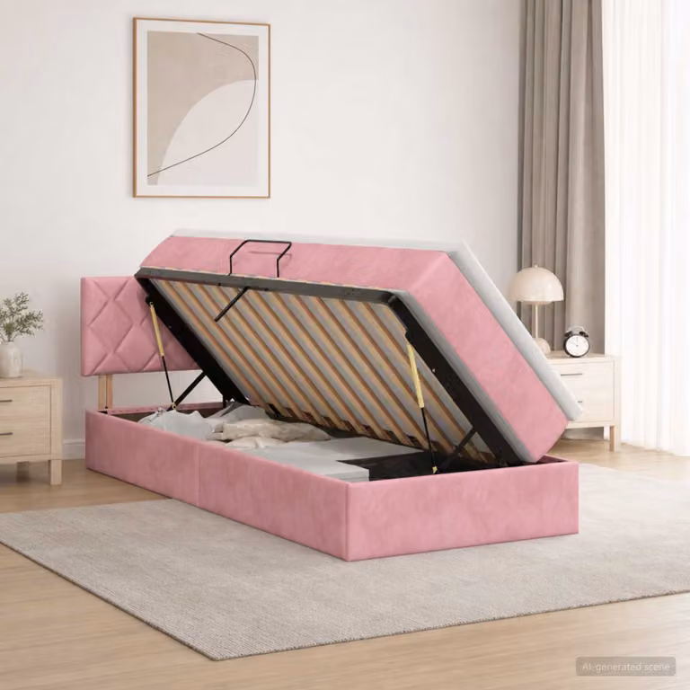 Letto con contenitore e testiera vidaXL in velluto rosa, L/P/H: 200 x 90 x 88 cm