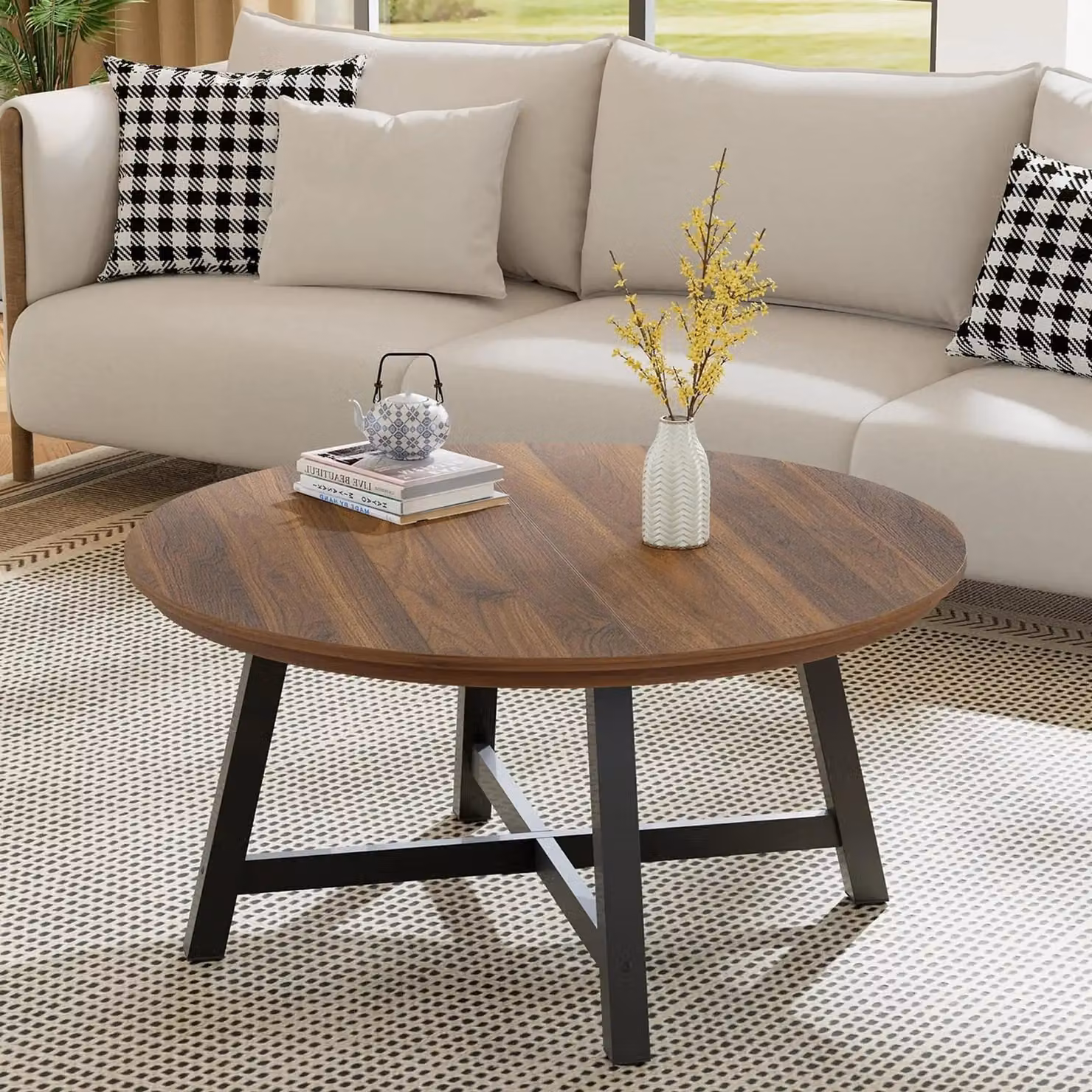 Tavolino rotondo - Tavolino da soggiorno 91 cm - Aspetto legno, stile industriale - Piedini regolabili - Gambe robuste e spesse - Montaggio semplice - Colore: verde scuro (khaki)