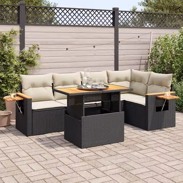 Set Divano da Giardino 6 pz con Cuscini Nero Polyrattan Acacia 3327598