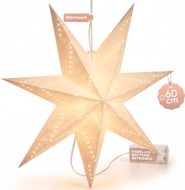 Stella di carta Casaria color beige con 10 LED per decorazioni natalizie, Diametro: 60 cm
