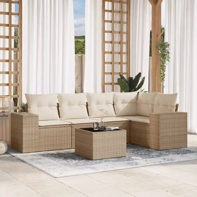 Set Divano da Giardino a L vidaXL in Polyrattan con 6 Pezzi e Cuscini Beige
