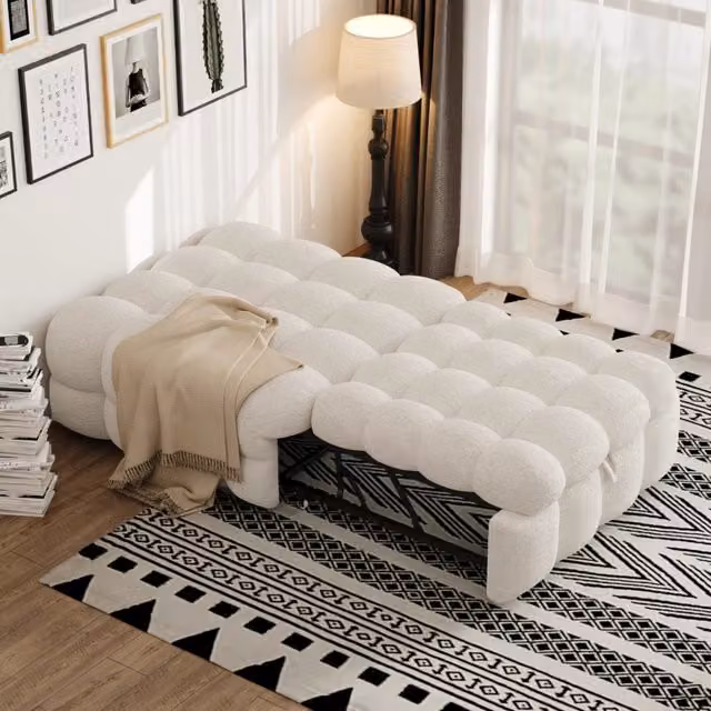 Pouf letto salvaspazio trasformabile in divano letto singolo in bouclé beige