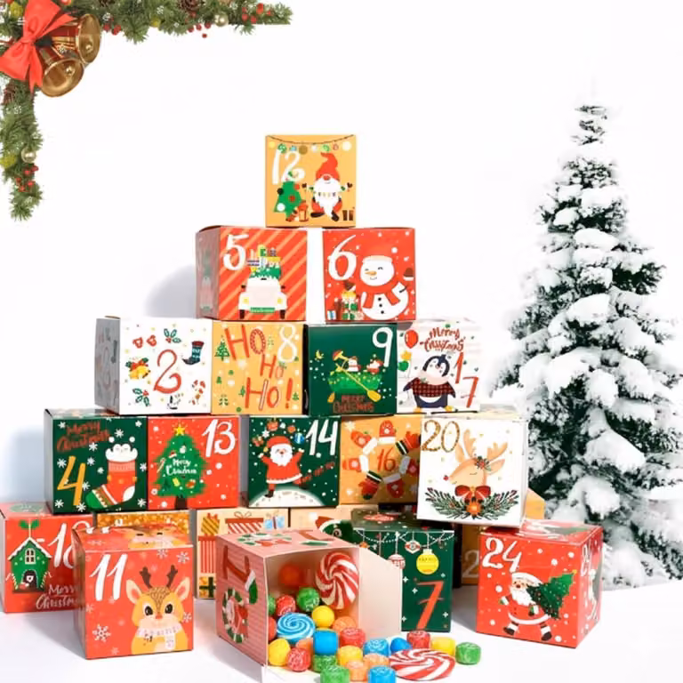 Calendario dell'Avvento con 24 scomparti, riutilizzabile, dimensioni 7x7x7 cm, ideale per decorazioni natalizie