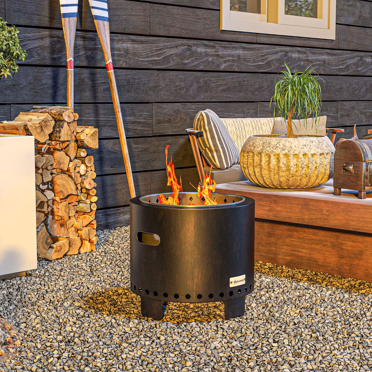 Vasca da Fuoco Outsunny in Metallo Resistente alle Intemperie, Colore Nero e Bronzo, L 45 x P 45 x H 42 cm – 2