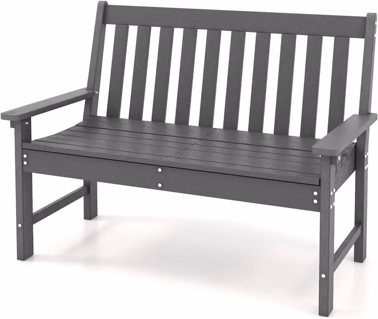 Panchina da giardino KOMFOTTEU a 2 posti, panchina resistente alle intemperie con schienale e braccioli, panchina da terrazza in HDPE con portata fino a 300 kg, panchina da parco per balcone e giardino