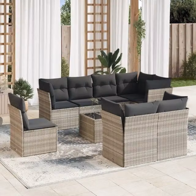 Set Divano da Giardino 9pz con Cuscini Grigio Chiaro Polyrattan 3217942
