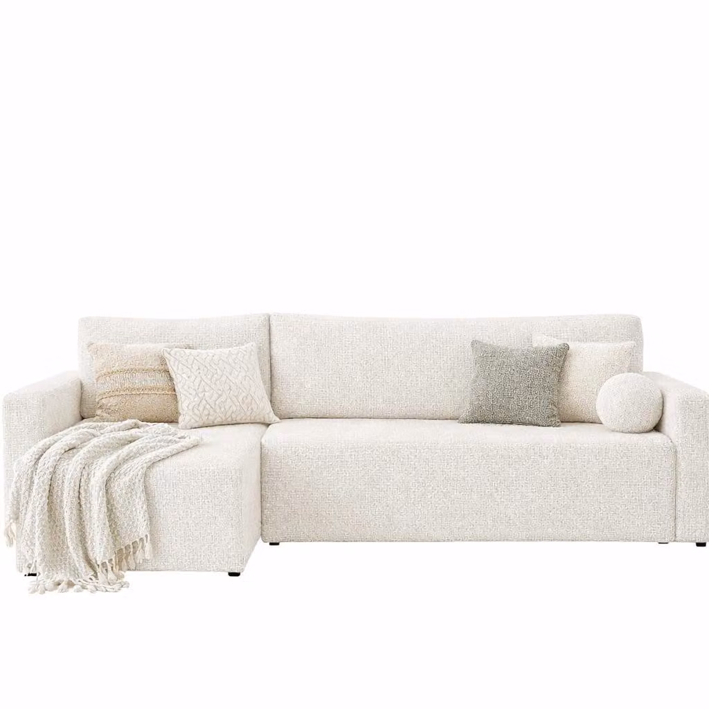 Divano angolare Sofello BALTON – Design elegante e funzionale, funzione letto e ampio vano contenitore, cuscini a palline GRATIS, superficie di riposo 191–200 cm