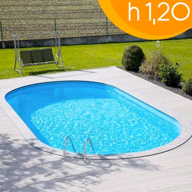 Piscina interrata ovale BSVILLAGE OLIVIA 525 in acciaio e PVC, disponibile nei colori blu o sabbia, L: 525 cm, P: 320 cm, H: 120 cm – 1