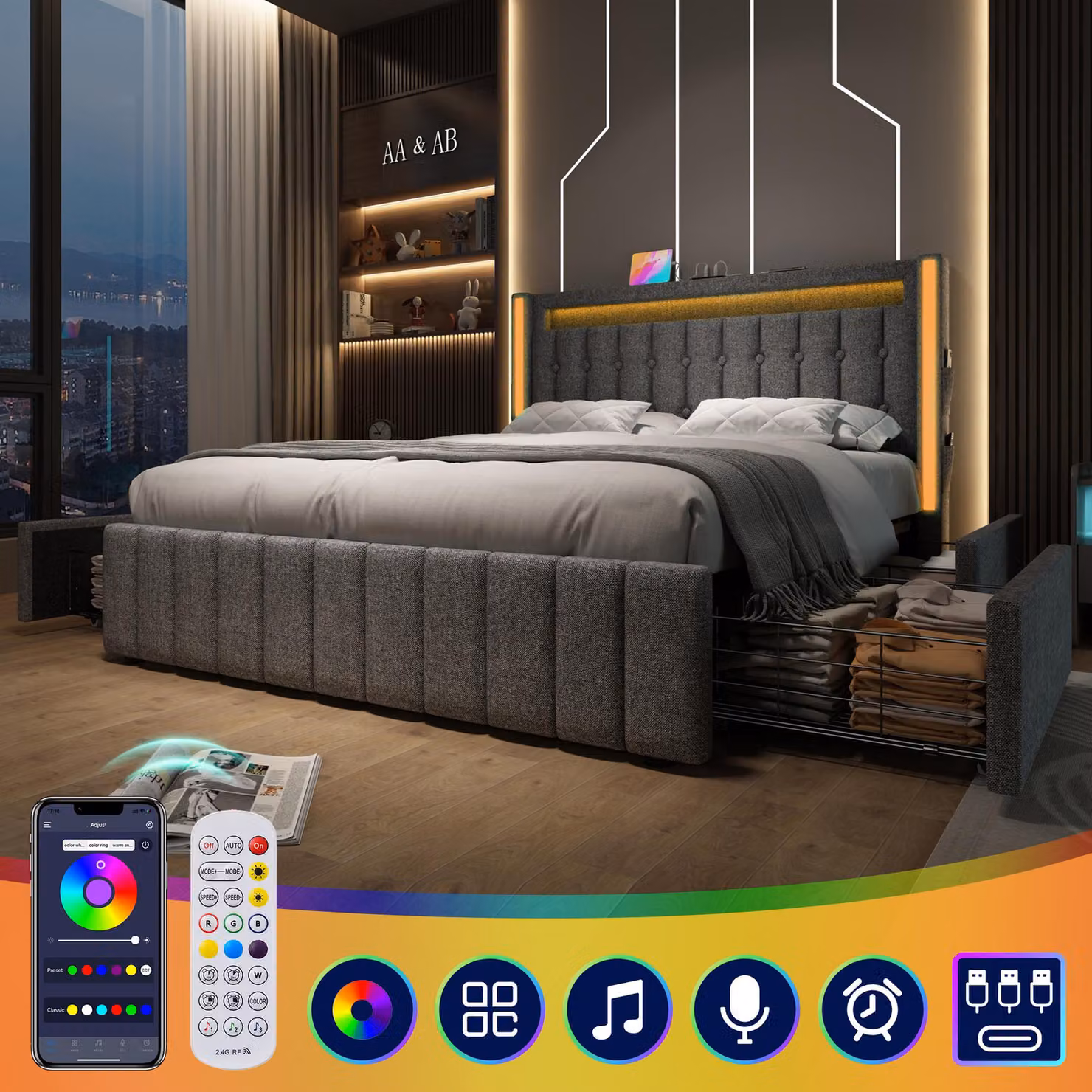 Letto imbottito con porta USB di tipo C, illuminazione a LED e 4 cassetti. Letto per ragazzi, dimensioni 160x200 cm, letto matrimoniale con contenitore, struttura letto