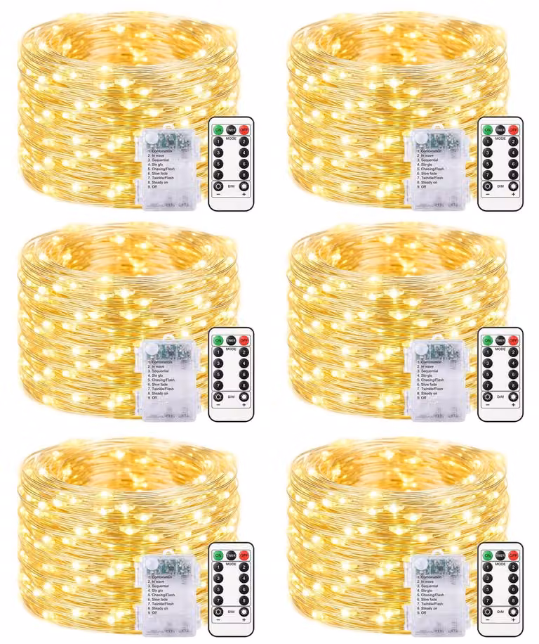 Catena luminosa con 100 LED, lunghezza 10 metri, alimentazione a batteria, set da 6, luce bianco caldo